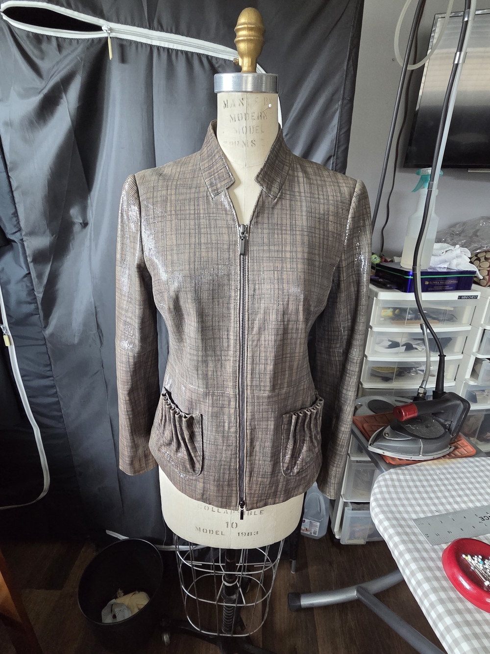 Women's Taupe Plaid-Effect Leather Zip Jacket